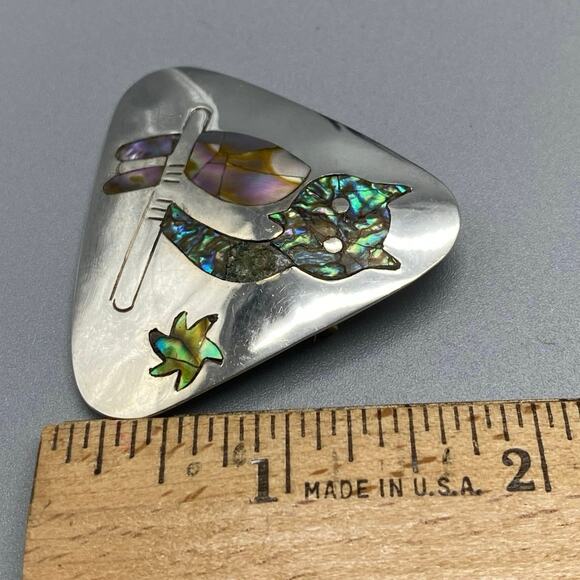 Sterling silver Abalone inlaid Owl‎ Pendant  Brooch Signed Taxco Vintage - Picture 6 of 7